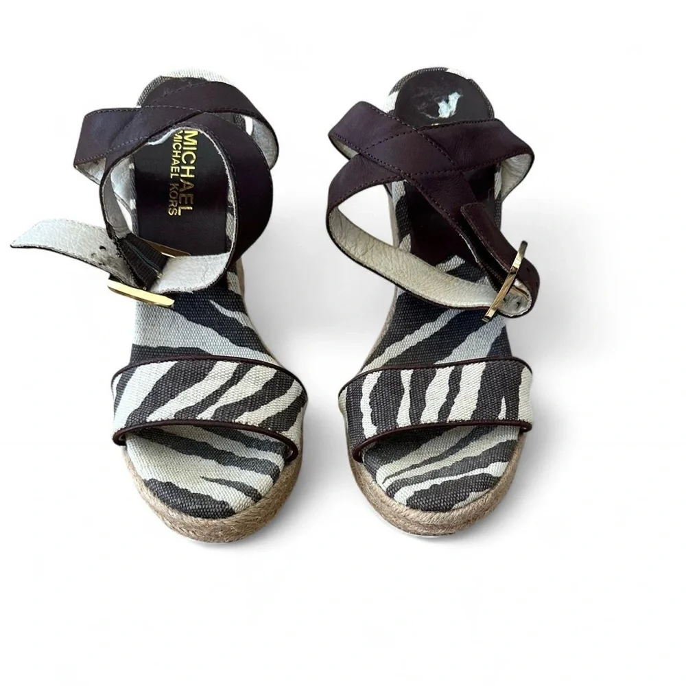 Michael Kors Zebra Print Espadrilles Wedge Ankle Strap High Heels Size: 6